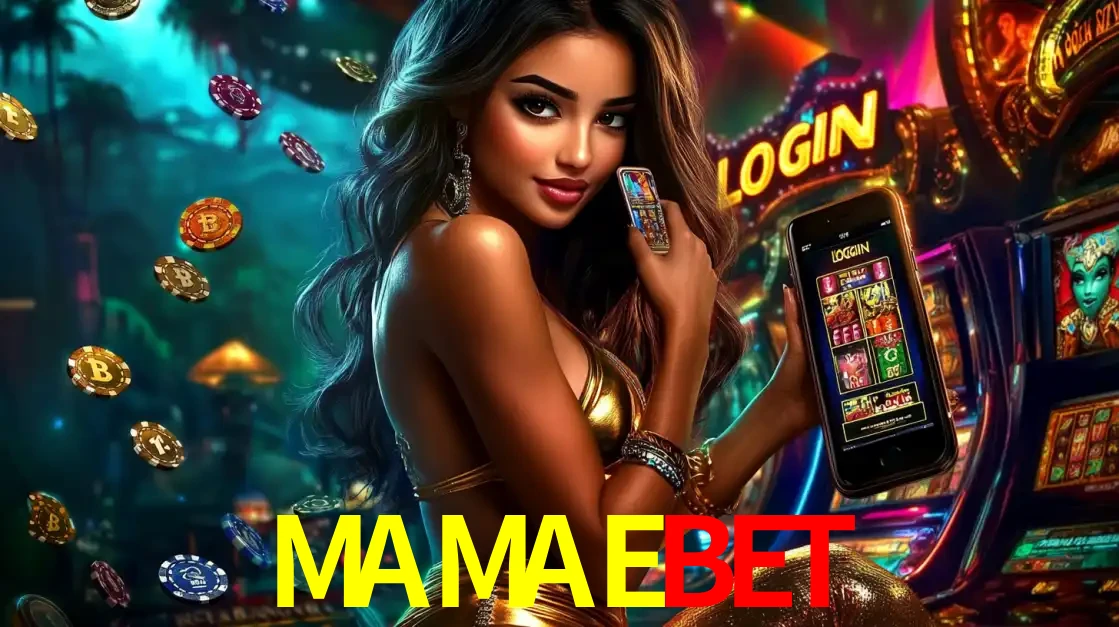 Mulher em um cenário de cassino temático de aventura, mostrando o app de caça-níqueis da MAMAEBET no celular. Fichas de apostas flutuam ao redor.