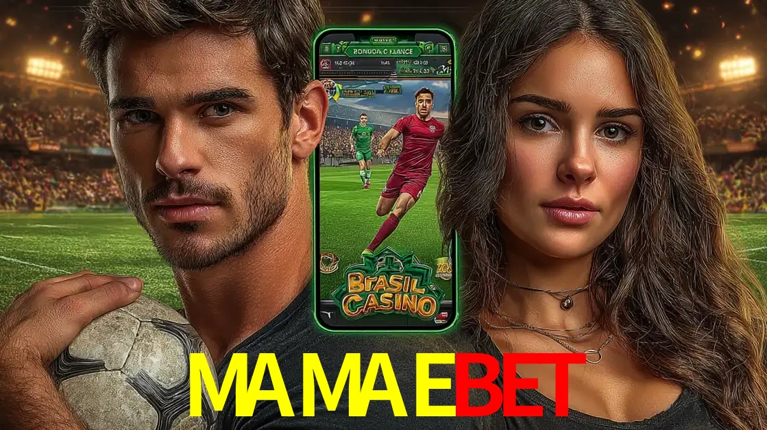 Homem segurando uma bola de futebol e uma mulher ao lado de um smartphone exibindo o jogo de apostas esportivas da MAMAEBET. Faça seu palpite no cassino online.